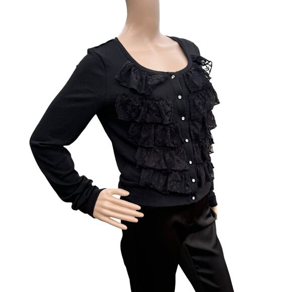 Studio Y Women Black Knitted Lace Ruffle Long Sleeves Button Front Cardigan M - Picture 2 of 5